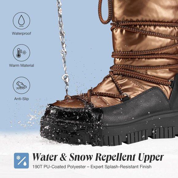 Women Brown Waterproof Fleece Lined Rain Boots for Winter Cold Weather - Picture 3 of 8